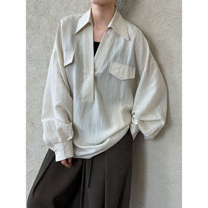 Korean V-neck linen shirt women's long sleeve autumn new temperament blogger relaxed design shirt