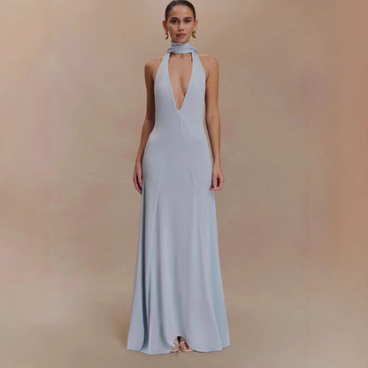 Fashion deep V streamer neck hip skirt waist pleated backless sexy dress