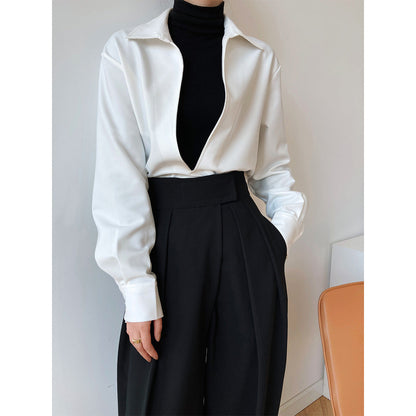Autumn new design sense light ripe long-sleeved V-neck shirt women's fashion overlay top 677