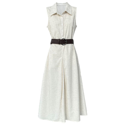 French temperament cotton and linen tooling shirt skirt with belt summer new waist sleeveless dress