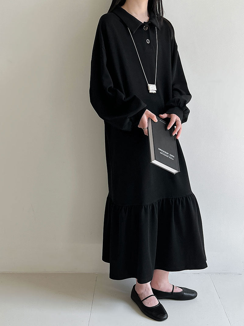 Japanese lapel splicing ruffle edge sweater long dress women's autumn new loose meat cover dress