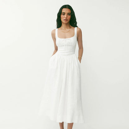 Linen white square collar pure desire style holiday style medium and long French dress
