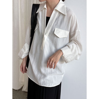Korean V-neck linen shirt women's long sleeve autumn new temperament blogger relaxed design shirt