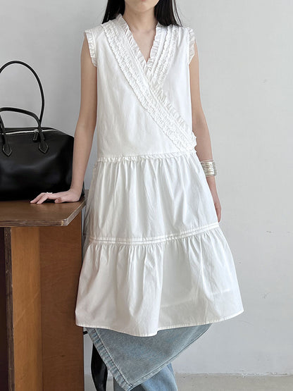 French oblique V-neck ruffle edge dress lace skirt women's spring new small fresh vest skirt