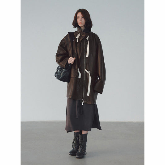 Stand-up collar streamer waist PU leather jacket, early spring new loose long commuter textured jacket