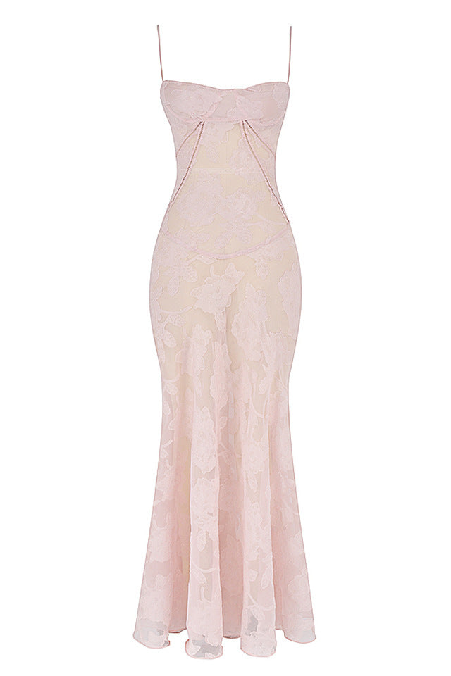 Waist slim French suspender dress one-word neck drawstring lace embroidered dress