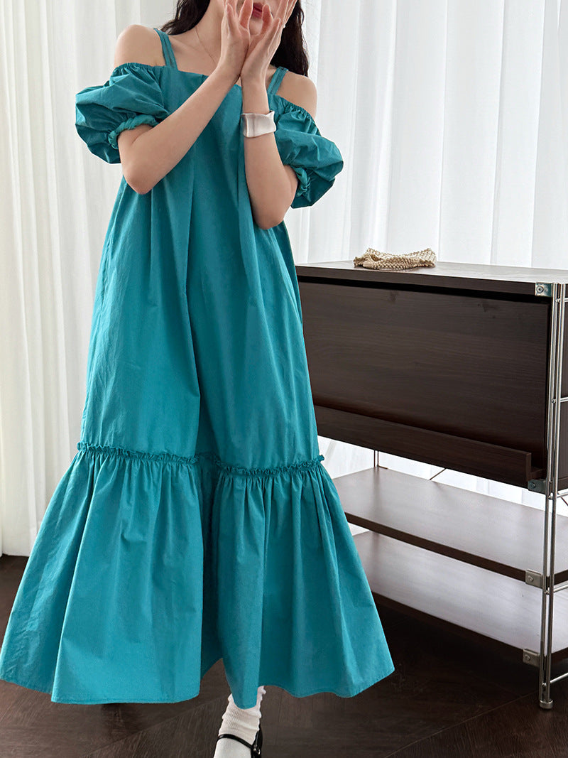 Korean version of the sweet dress summer new bubble sleeve suspender skirt one-word shoulder holiday style dress