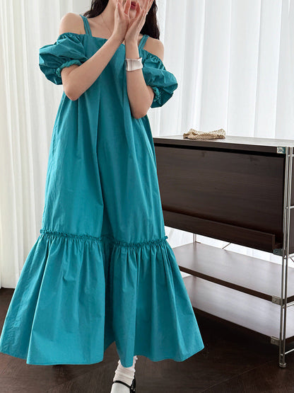 Korean version of the sweet dress summer new bubble sleeve suspender skirt one-word shoulder holiday style dress