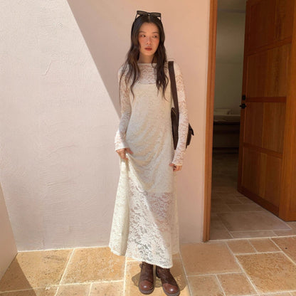 Autumn French Celebrity Temperament Waist Wrap Hips Hollow Lace Dress
