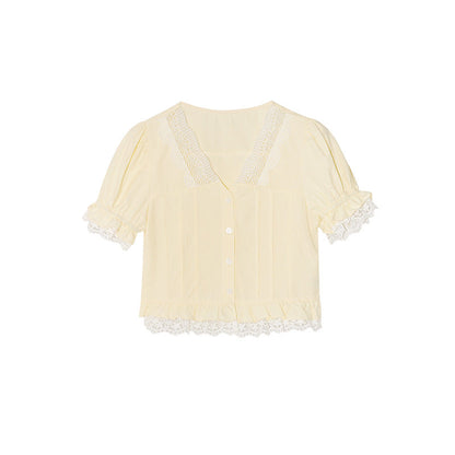 Small shirt lace edge splicing short sleeve shirt