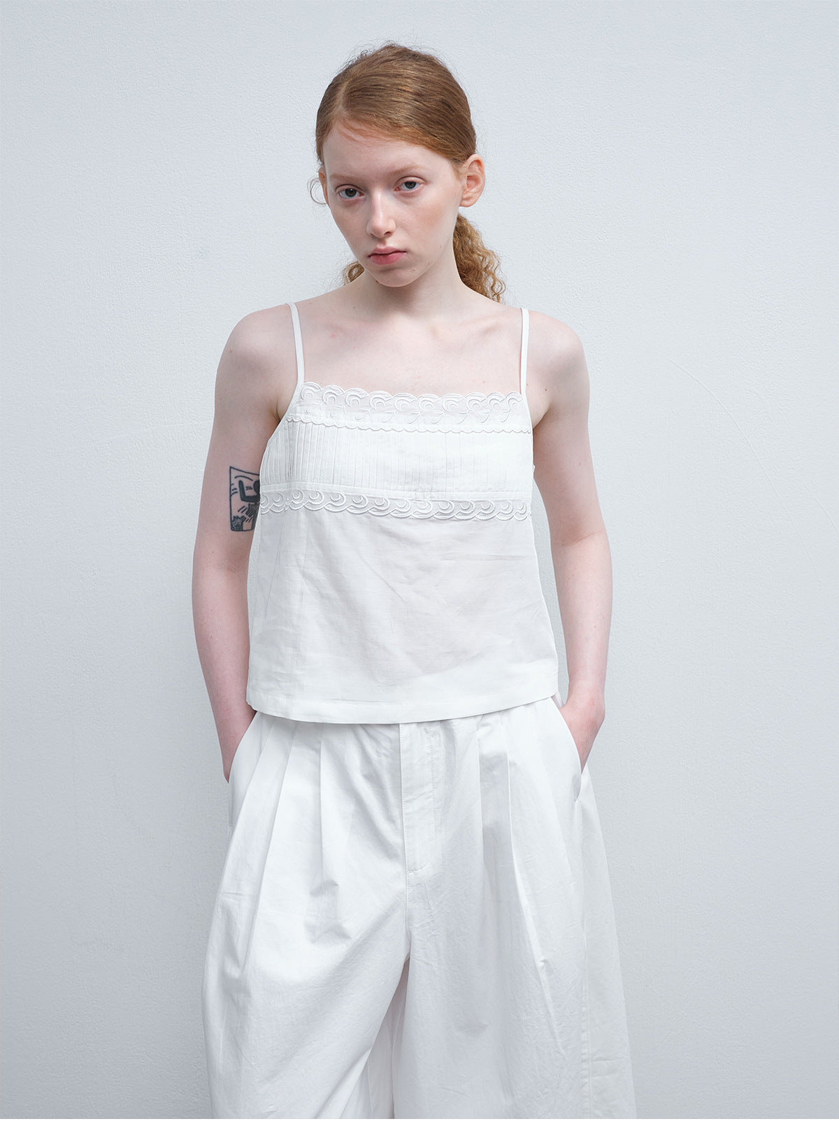 Summer new casual one-word collar linen cotton thin transparent embroidered solid color suspender top