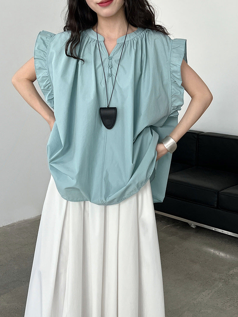 Korean version casual lace lotus leaf sleeve shirt top women's summer new V-neck button pleated short sleeve