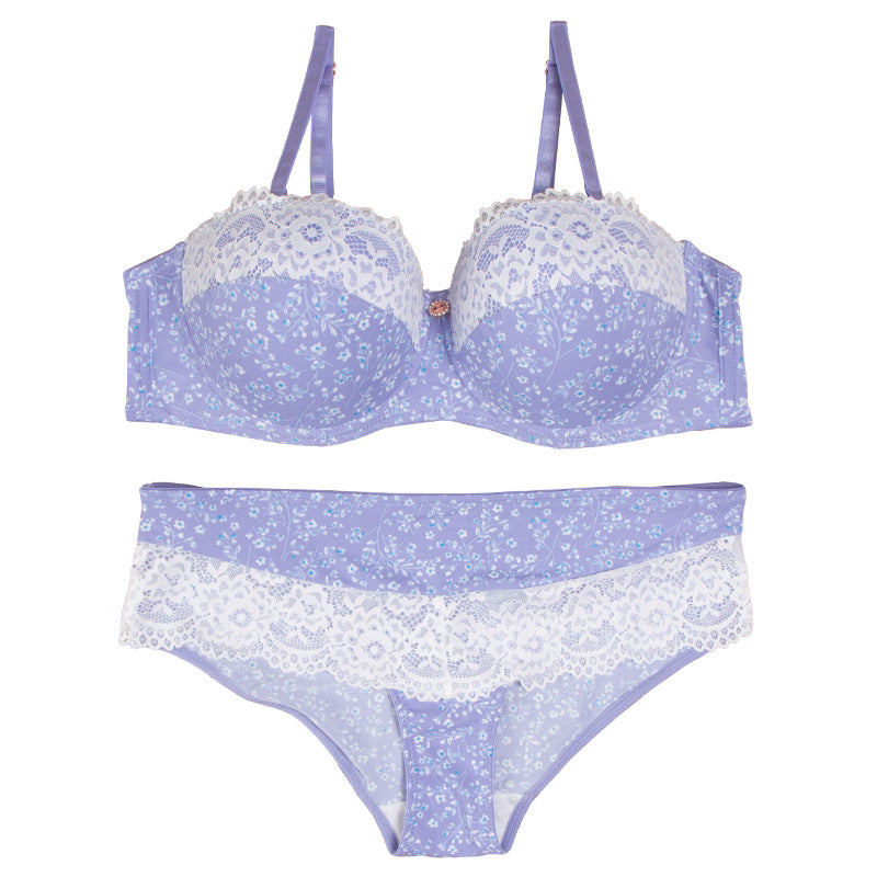 Sexy lace underwear nylon print breathable quick-drying small breasts gather and support women's bra set