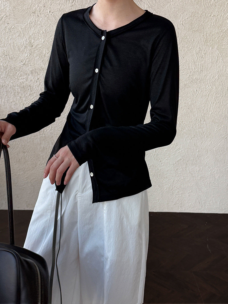 Pleated waist light long sleeve T-shirt women's summer new simple crew neck sunscreen cardigan top