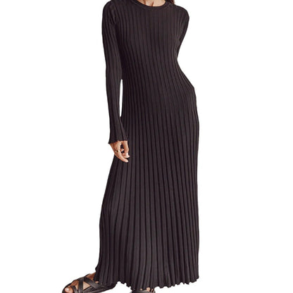Knitted Long Dress Women Round Neck Bell Sleeve Lace-Up Casual