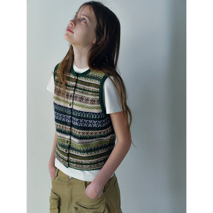 Winter new casual crew neck wool Fair Island floating thread jacquard cardigan vest