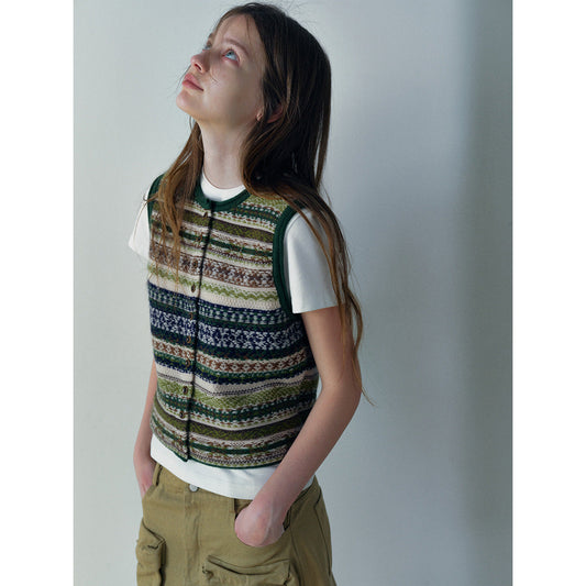 Winter new casual crew neck wool Fair Island floating thread jacquard cardigan vest