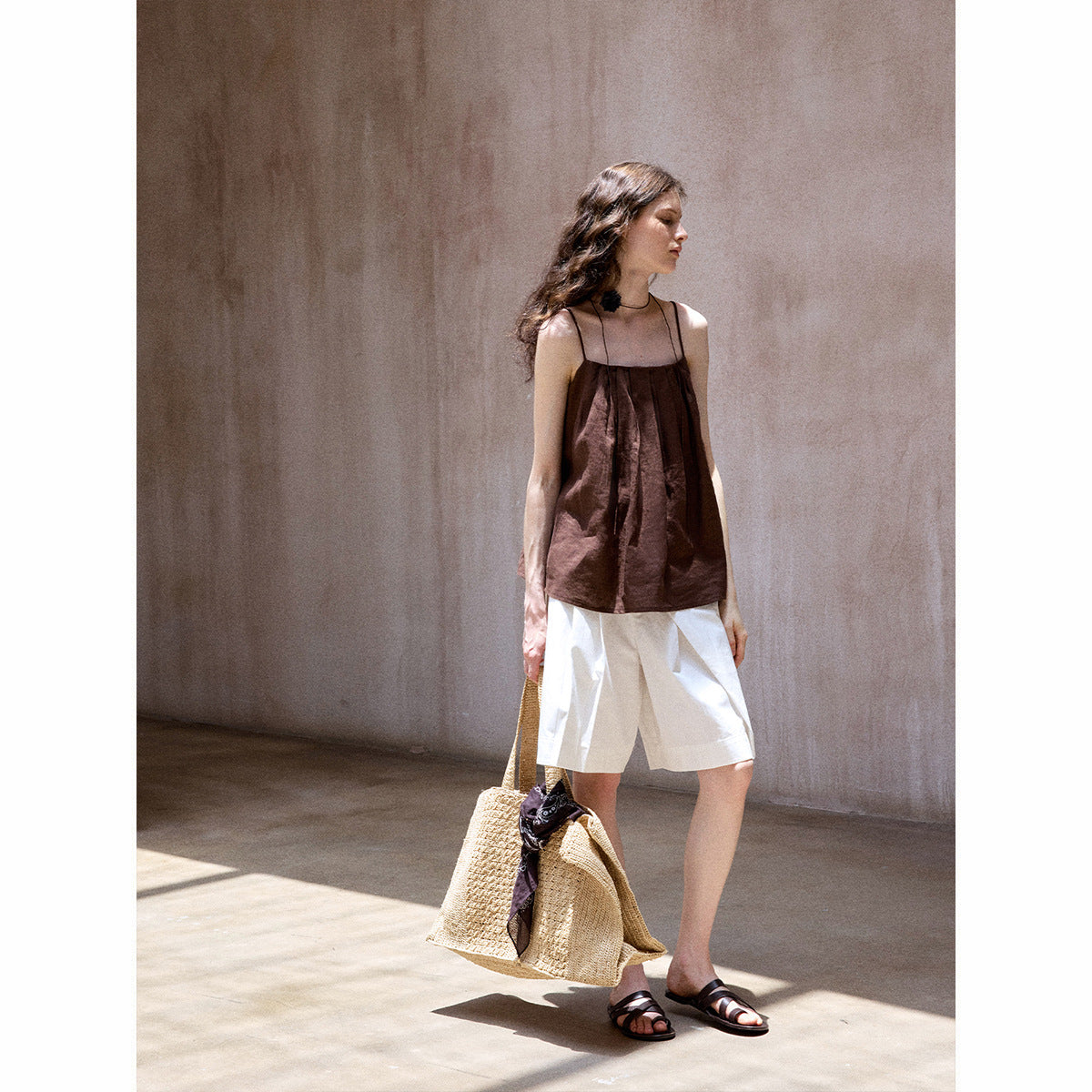 Summer Breathable Linen Pleated Adjustable Suspender Simple Vacation Top