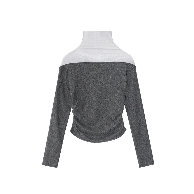 Mesh splicing long-sleeved inner semi-turtleneck bottoming shirt for women