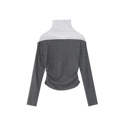 Mesh splicing long-sleeved inner semi-turtleneck bottoming shirt for women