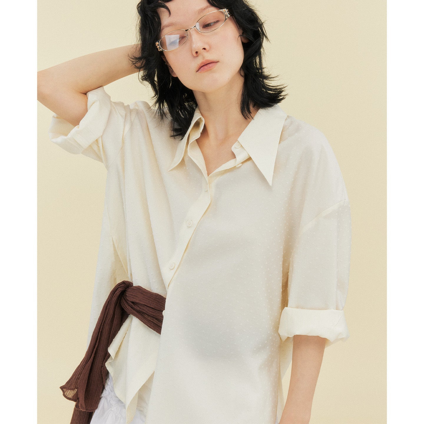 Fleece Tencel Polka Dot Seven-Sleeve Shirt