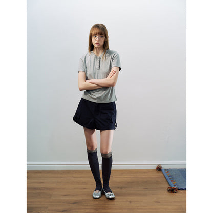 New Casual Tencel Linen Short Simple Versatile Henry Neck Short Sleeve T-Shirt