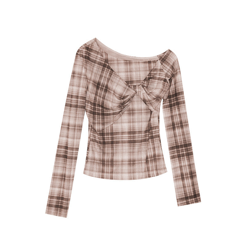 Slim Kink Design Slash Shoulder Plaid Long Sleeve Shirt