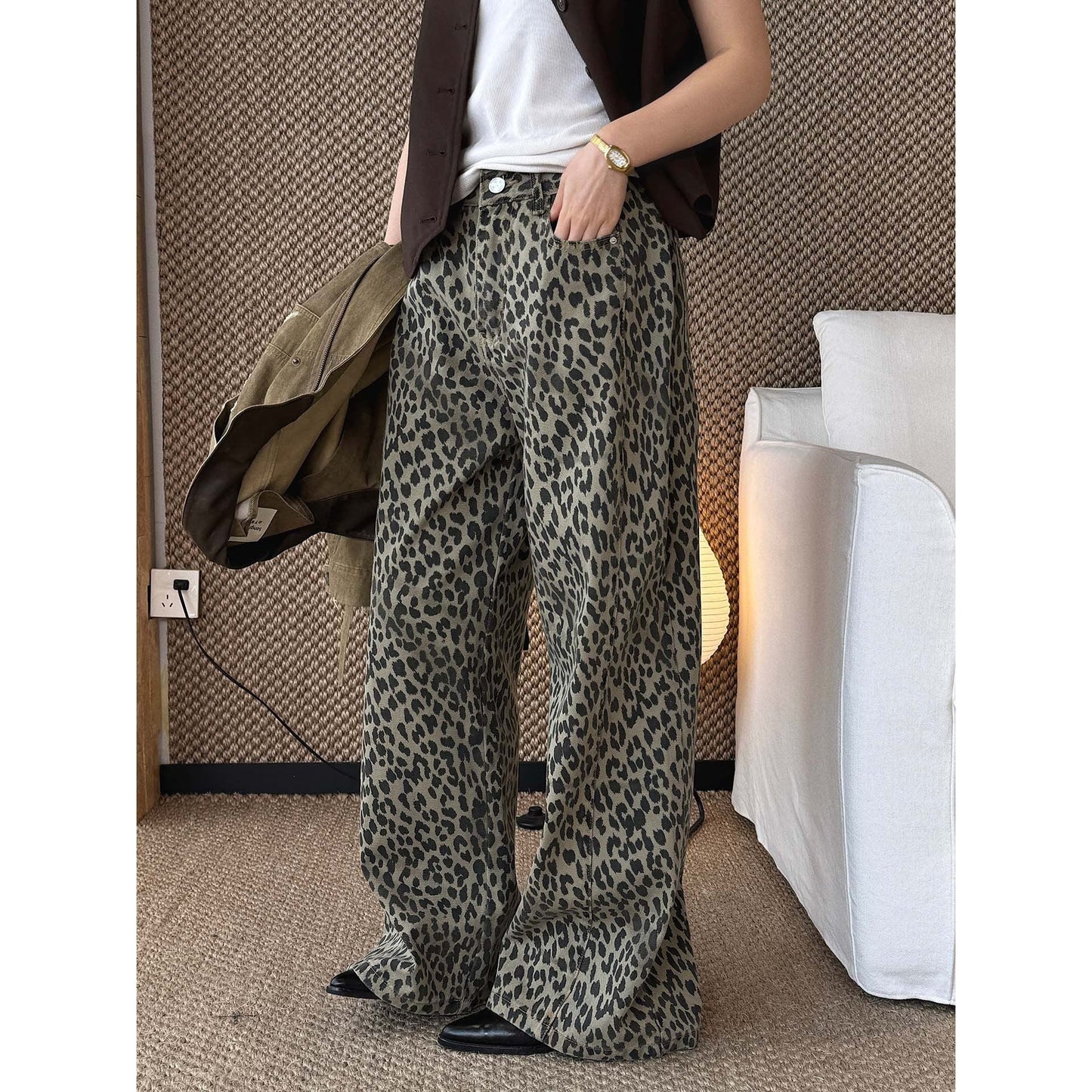 New Korean retro fashionable contrasting color leopard print printed jeans loose silhouette trousers women