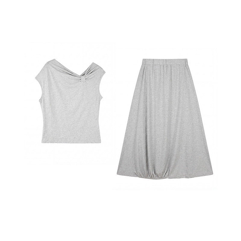 diagonal shoulder kinked top + skirt two-piece set