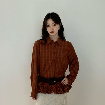 Autumn Merad retro fashion foreign style lapel long-sleeved plaid shirt