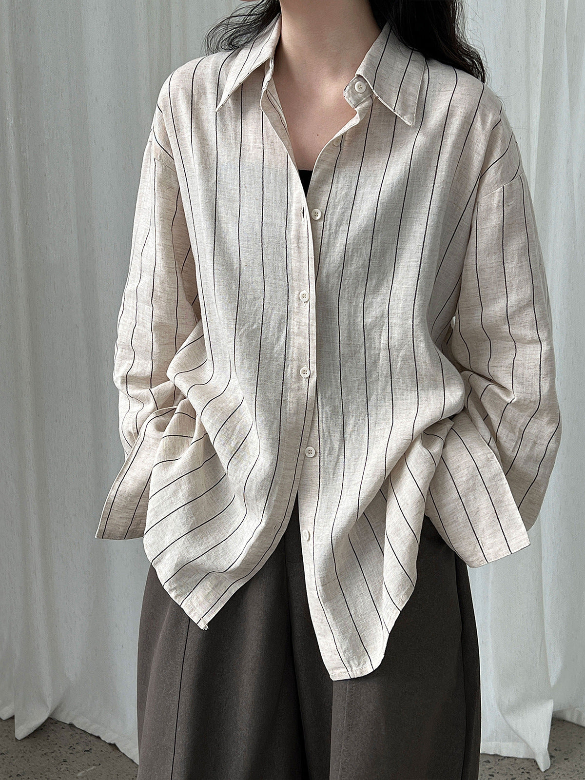 Korean casual temperament striped linen long-sleeved shirt jacket women's early autumn new old money style top