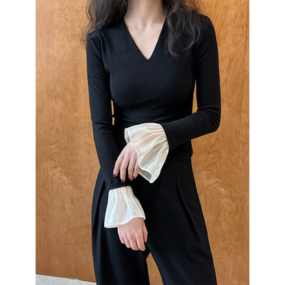 Pure desire ceiling~ V-neck knitted T-shirt splicing horn sleeves slim and thin Spice girl bottoming shirt women