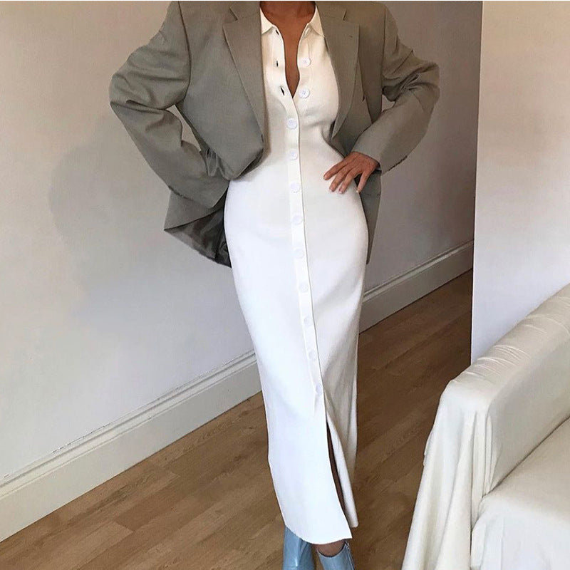 Shirt skirt lapel shirt long dress long sleeve waist temperament commuter cardigan skirt