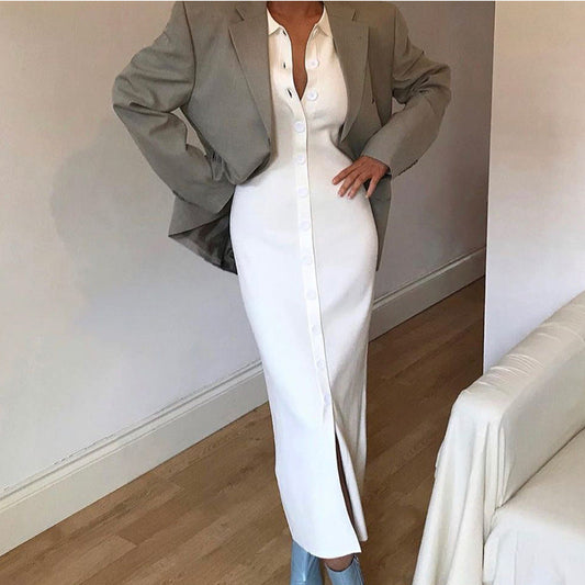 Shirt skirt lapel shirt long dress long sleeve waist temperament commuter cardigan skirt