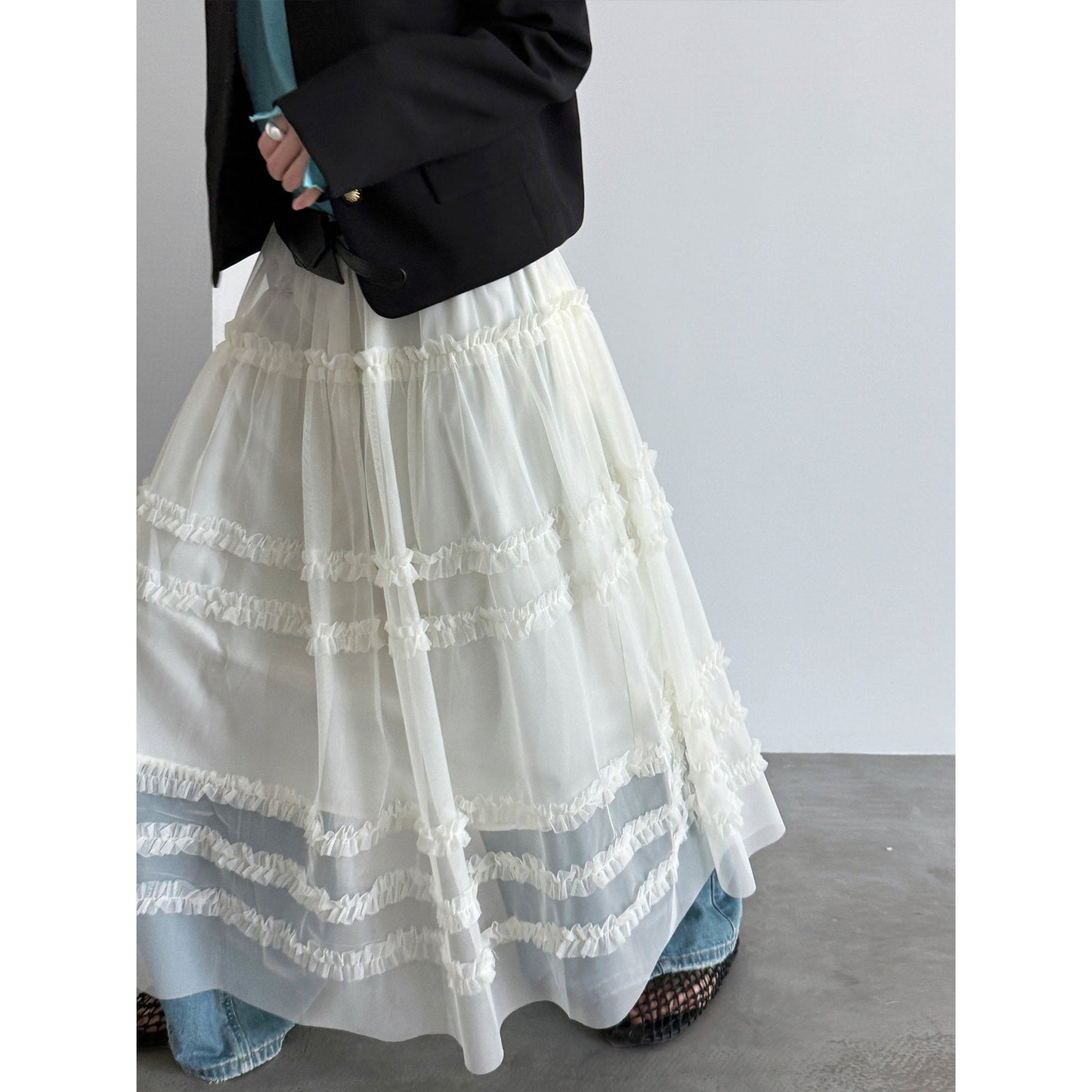 High-end fungus edge gentle temperament mesh long skirt women's spring new A-line cake skirt
