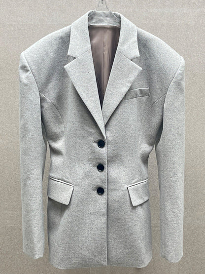 Wool Blazer Women Slim Fit Suit Collar Three-Button Mid-Length Jacket