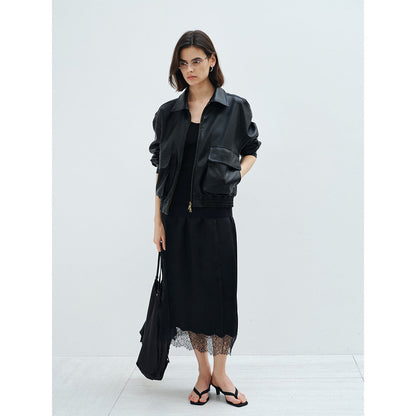 Spring new double-layer large pocket silhouette vintage workwear PU leather jacket jacket