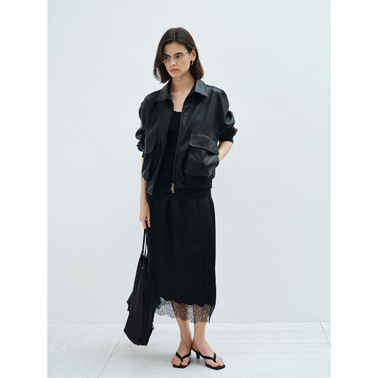 Spring new double-layer large pocket silhouette vintage workwear PU leather jacket jacket