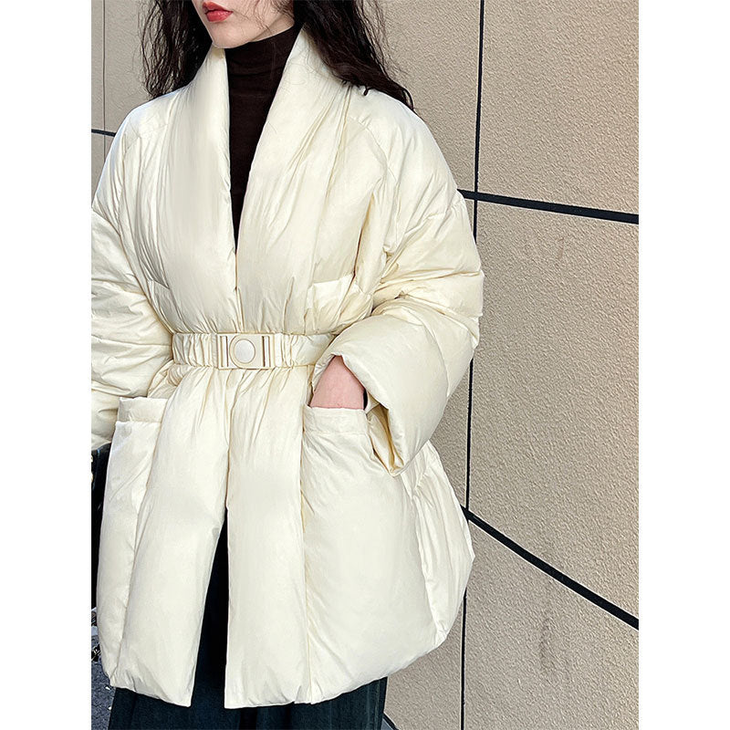 V neck waist down jacket for women lazy 90 white duck down tie back new chinoiserieoutwear