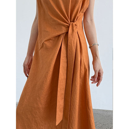 100% ramie french chic twist knot tie waist tank dress - new summer slimming dress