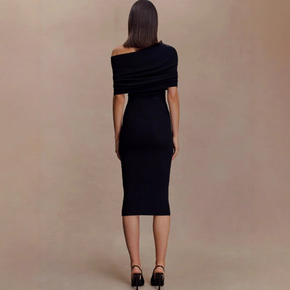 Slim fit solid color one-word shoulder dress