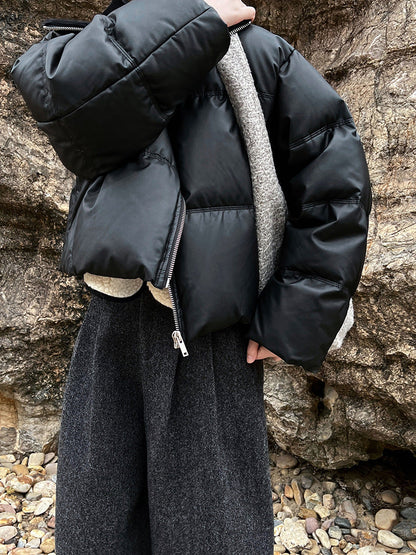 Black label, peace of mind 90 white duck down short bread jacket large lapel splicing pu leather down jacket women's winter new Y70
