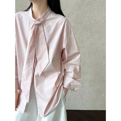 Korean design sense tie solid color shirt women's new temperament loose casual shirt