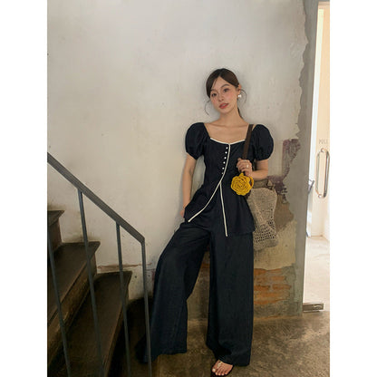 Contrast Denim Square Neck Top