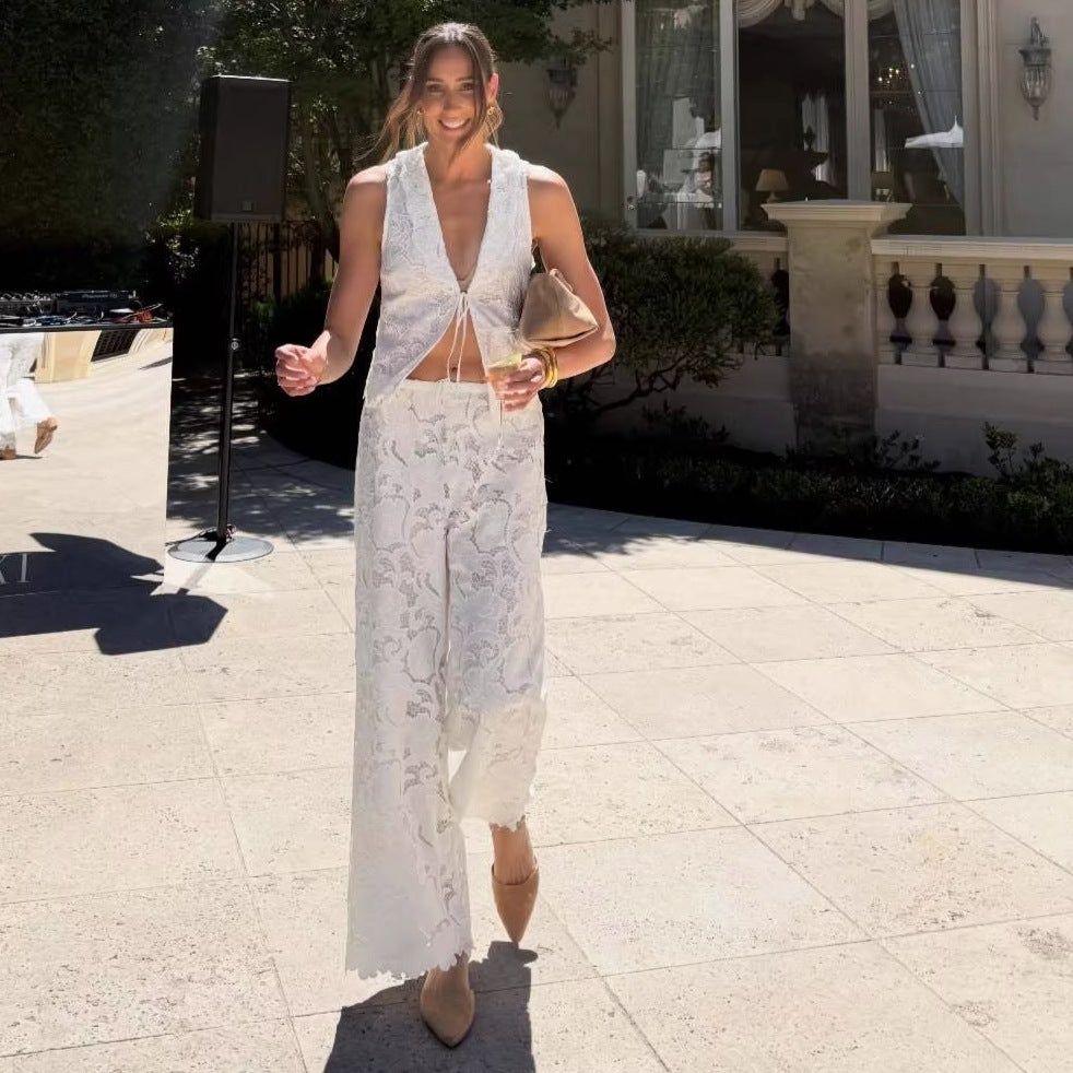 Hollow lace lace-up sleeveless vest wide-leg pants set waist and thin temperament two-piece set