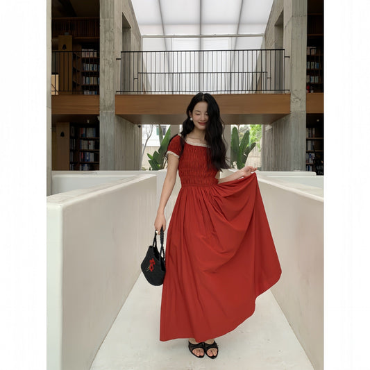 Women's Off-Shoulder Square Collar High-Waist Pleated A-Line Maxi Dress