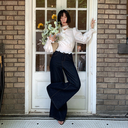 Early autumn retro micro-pull jeans women's dark blue thin flared pants