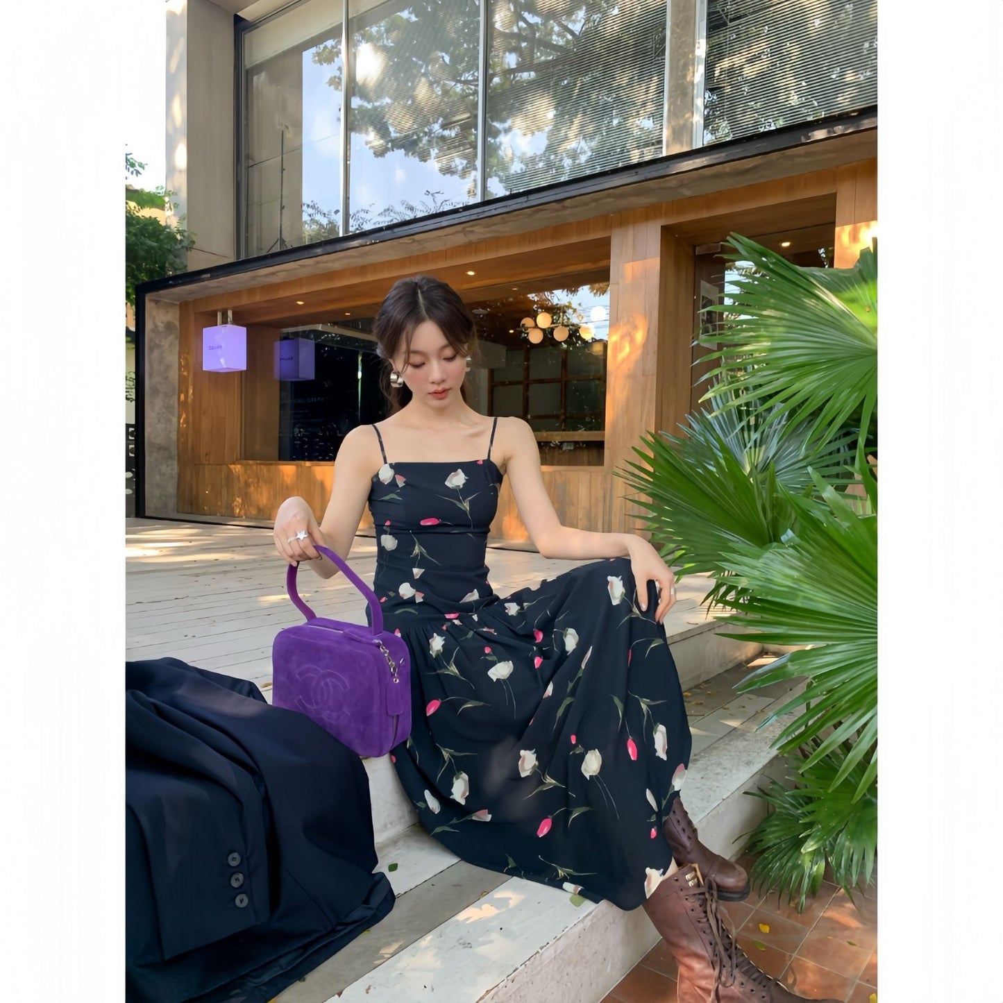 Floral Off-Shoulder Lace-Up Sleeveless Maxi Dress