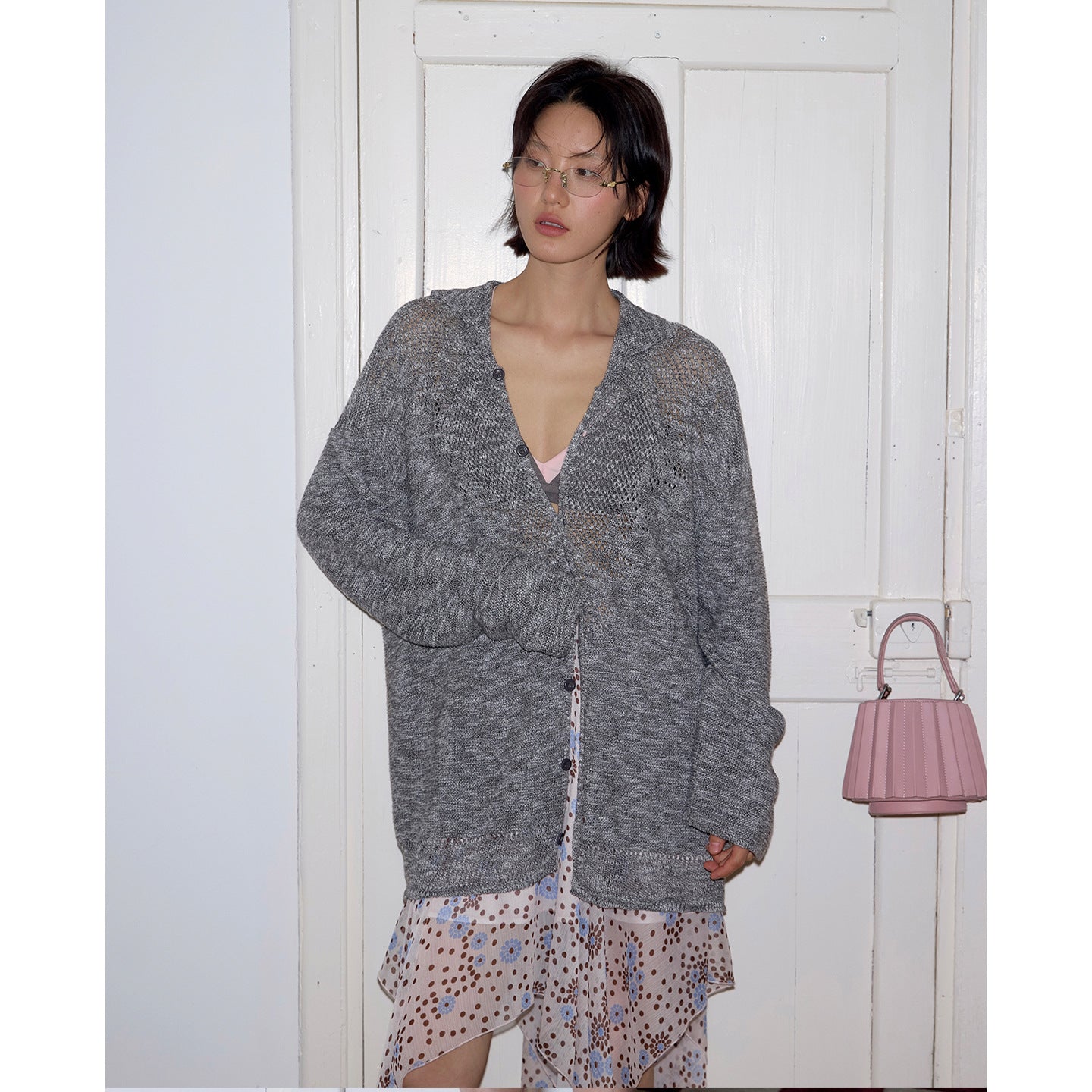 Hollow POLO neck sunscreen cardigan knitted sweater loose outer long-sleeved top