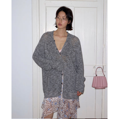 Hollow POLO neck sunscreen cardigan knitted sweater loose outer long-sleeved top